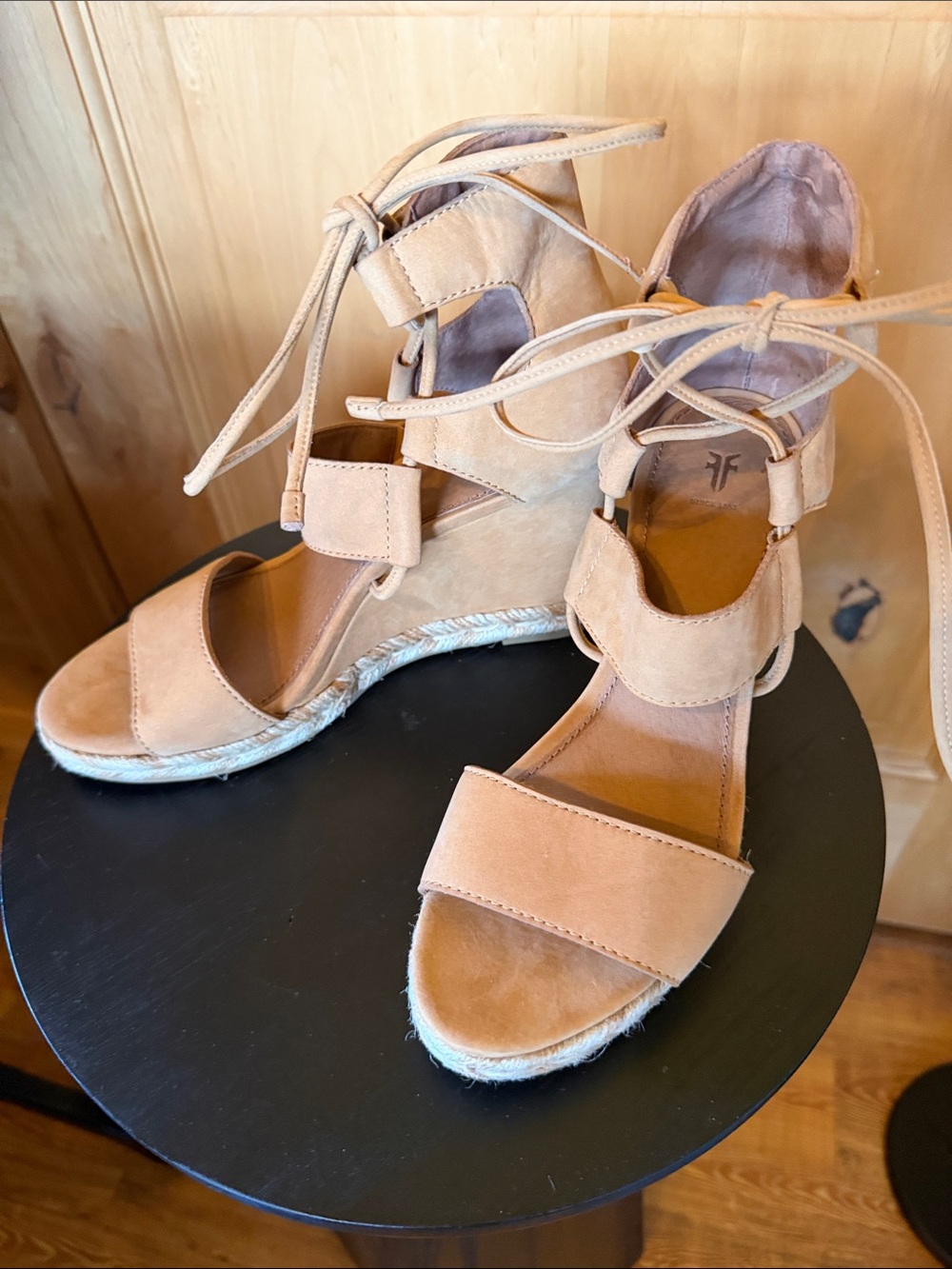 Frye Beige Lace-Up Roberta Ghillie Wedge Sandals